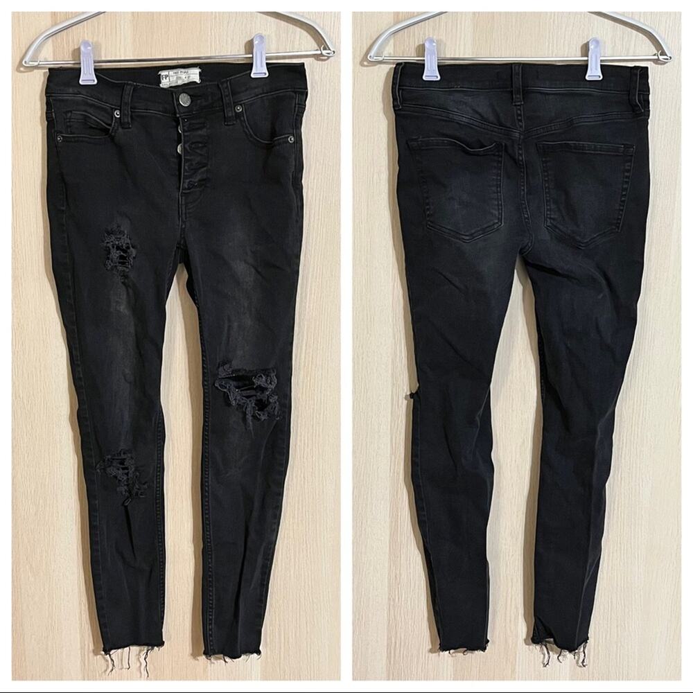 Free People Distressed Black Skinny Raw Hem Jeans